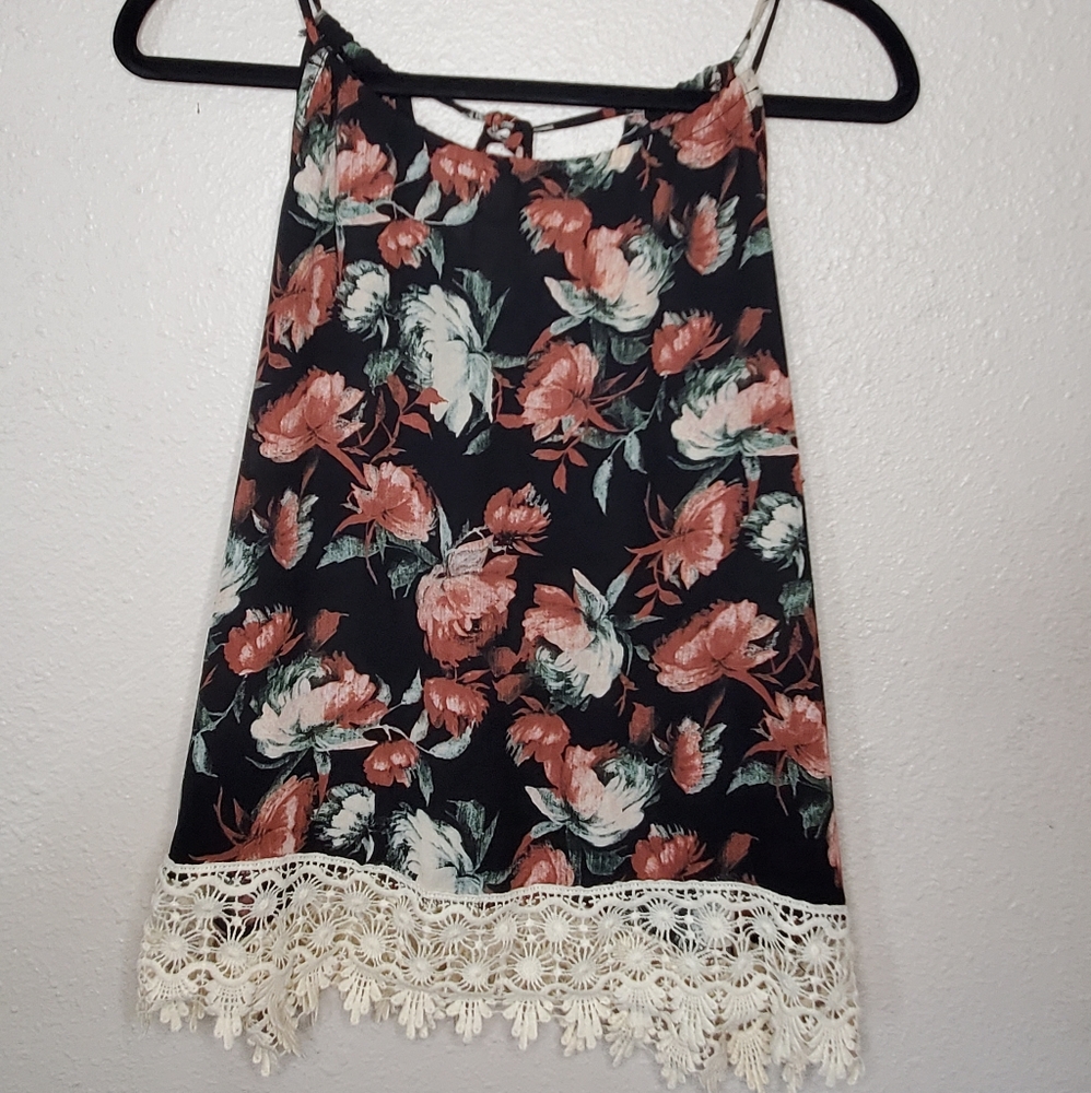 EUC Q Black Floral Thin Strap Halter Top with Pink and White Flowers (Si…